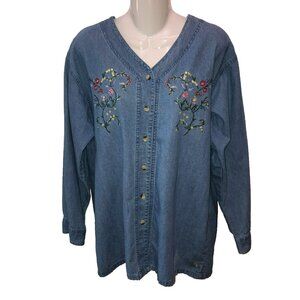 Mississippi River Blues Denim Shirt Womens Medium Embroidered Flowers Vintage M